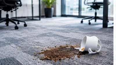 Xícara caída sobre carpete de escritório, com café espalhado nas placas cinzas