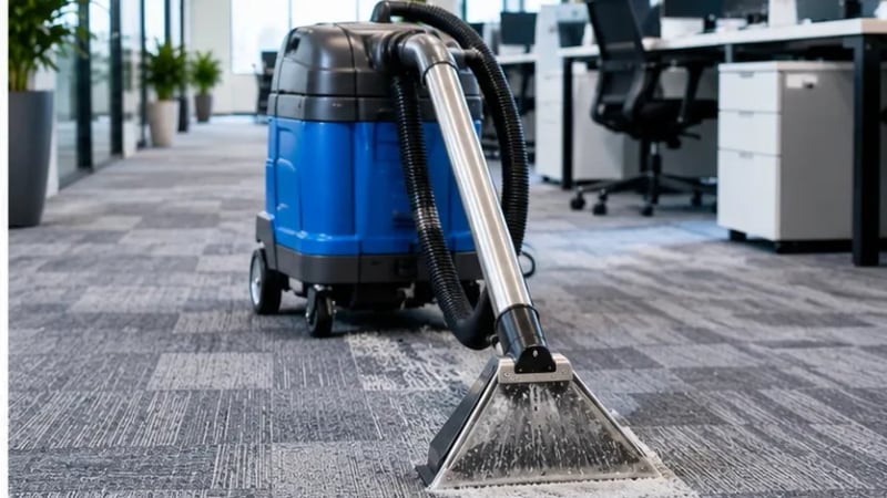 Técnico da DL Clean operando extratora sobre carpete em escritório corporativo com estações de trabalho
