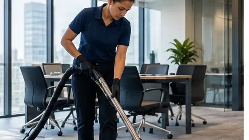 Técnica higienizando o carpete de uma sala de reunião com extratora profissional
