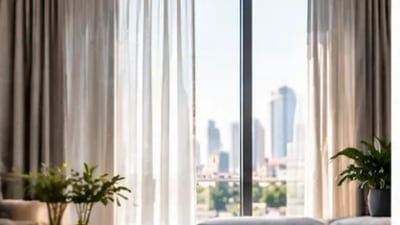 Cortinas de tecido leve e voil em sala ampla com vista para a cidade e luz natural