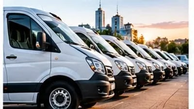 Fileira de vans brancas de frota estacionadas no pátio da empresa ao fim da tarde
