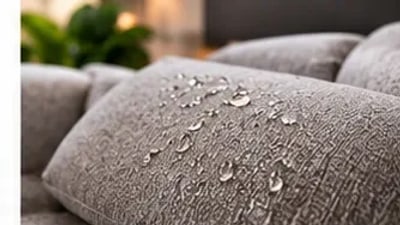 Gotas de água formando esferas sobre o tecido texturizado de um sofá, sem penetrar na fibra