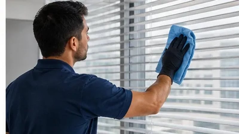 Técnico limpando lâmina de persiana horizontal com pano de microfibra azul