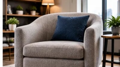 Poltrona estofada com almofada azul-marinho em sala de estar com estante