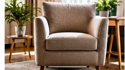 Poltrona de tecido bege em sala de estar, com planta ao lado e mesa de apoio de madeira