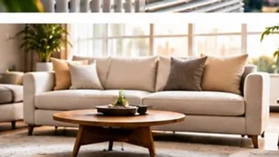Sofá claro de três lugares em sala arrumada com mesa de centro de madeira e luz natural