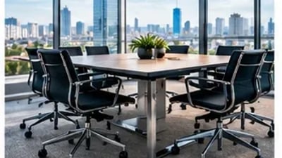 Sala de reunião envidraçada com mesa e cadeiras de escritório, vista para a cidade ao fundo