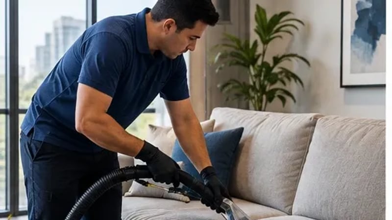 Técnico extraindo o assento de um sofá de tecido claro em sala residencial