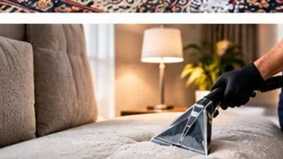 Bocal de extração passando sobre o assento de um sofá claro em sala com luz natural