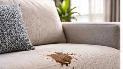 Mancha de café sobre o assento de um sofá de tecido bege em sala com luz natural