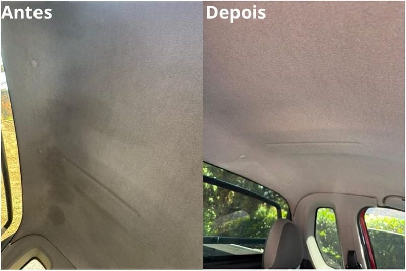 Teto e forração interna de um veículo antes e depois da higienização