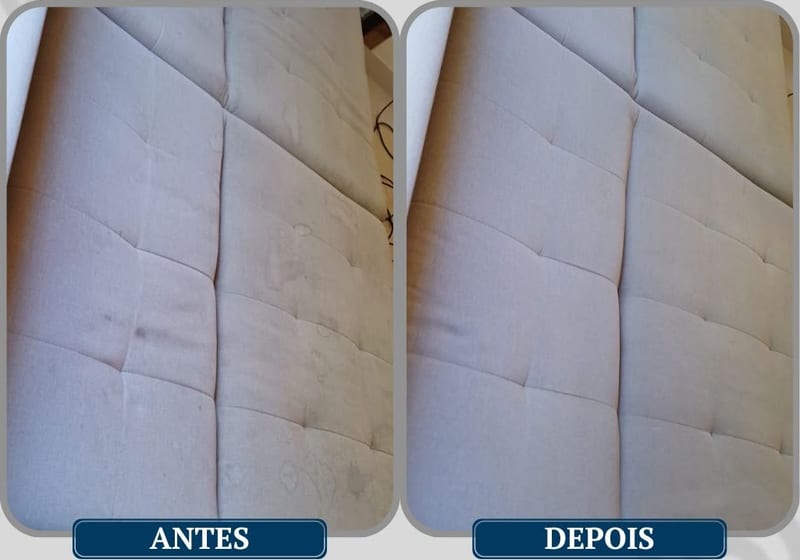 Cabeceira de cama estofada em tecido claro, antes e depois da higienização