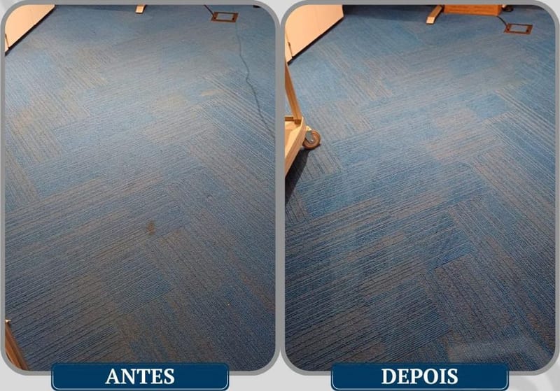 Carpete azul em placa de um escritório, antes e depois da extração