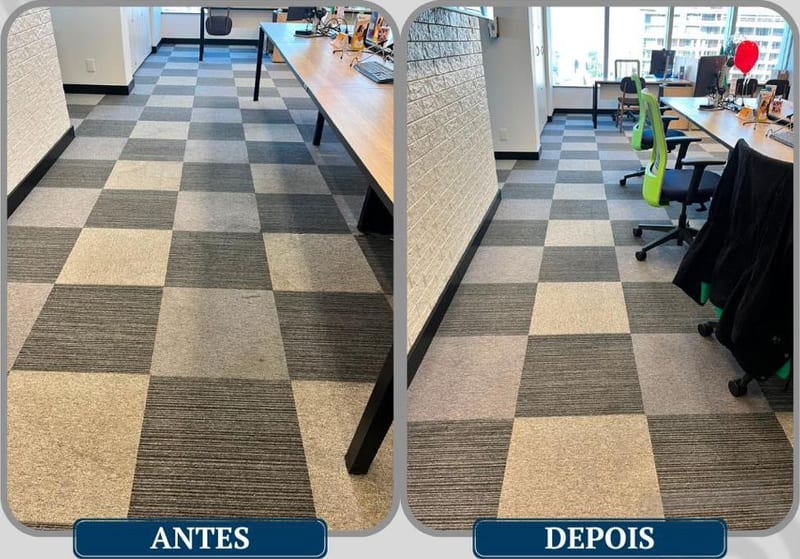 Carpete em placa de área de trabalho, antes e depois da higienização