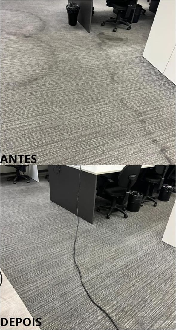 Carpete cinza de escritório com mancha escura, antes e depois da extração