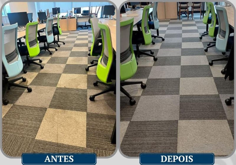 Carpete de sala de reunião com cadeiras, antes e depois da limpeza