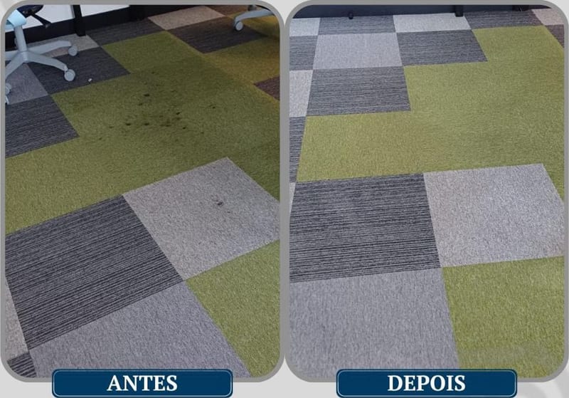 Carpete em placa verde e cinza de escritório, antes e depois da limpeza
