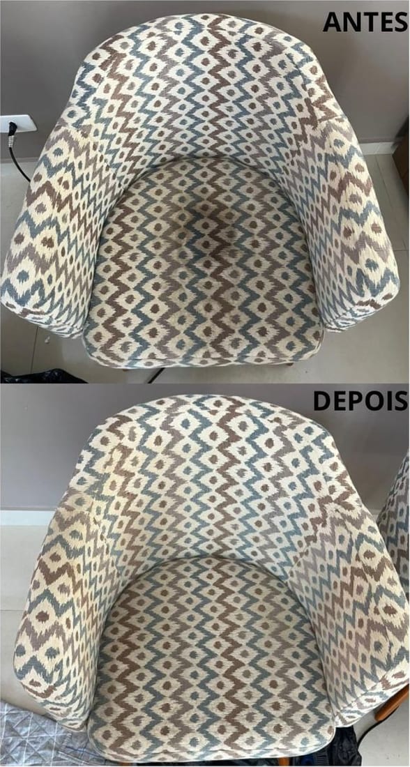 Poltrona de tecido estampado antes e depois da higienização