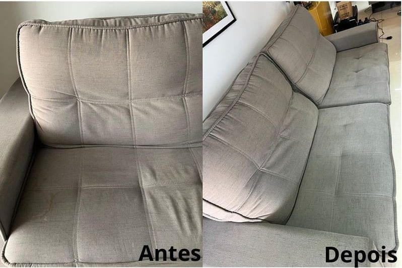 Sofá de tecido com manchas no assento, antes e depois da limpeza técnica