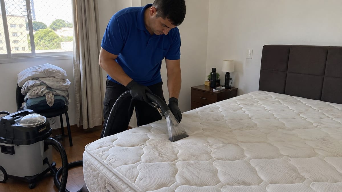 Higienização de colchão com extratora profissional em quarto residencial