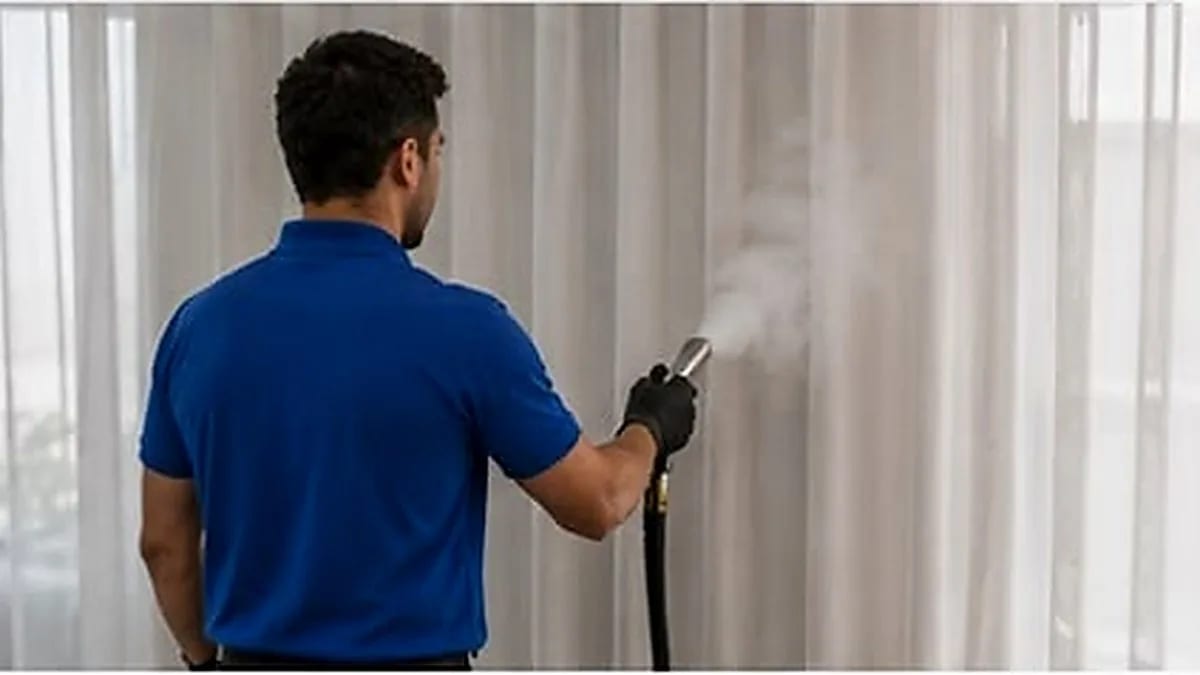 Higienização de cortina a vapor, com o tecido ainda no trilho