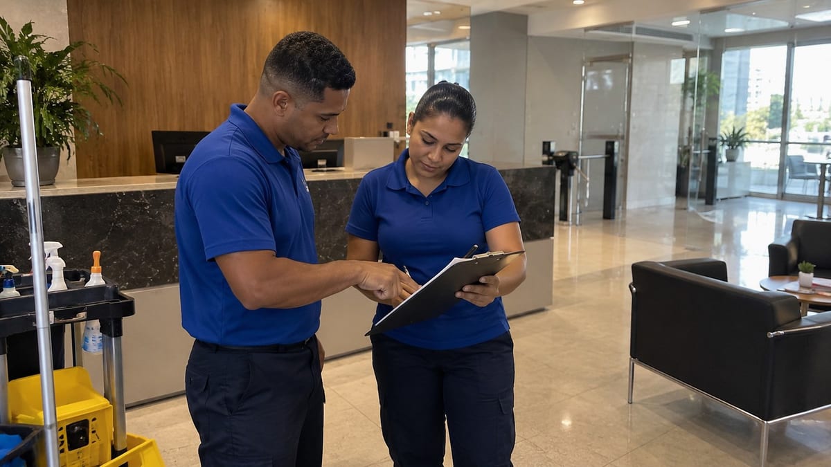 Dupla do Grupo DL Clean conferindo a ordem de serviço em tablet no hall de um edifício
