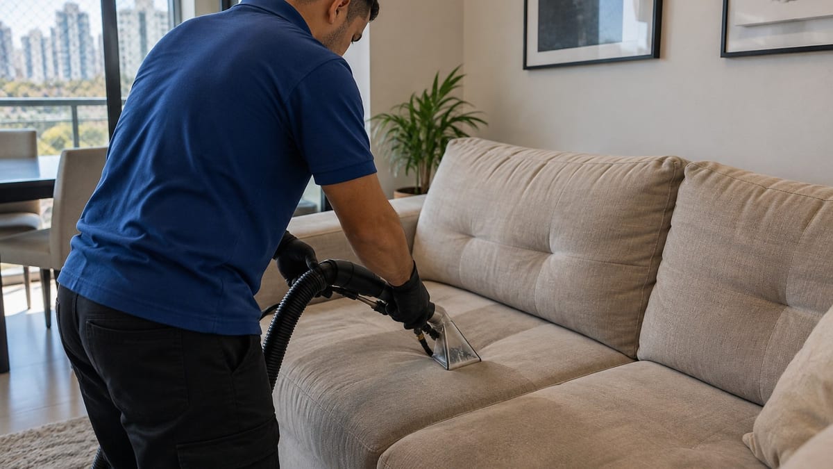 Técnico do Grupo DL Clean higienizando sofá de tecido claro com bocal de extração profissional