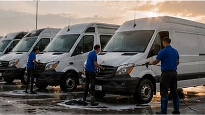 Frota de vans brancas sendo lavada no pátio da empresa ao fim da tarde