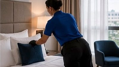 Camareira finalizando a arrumação de quarto de hotel com luz natural