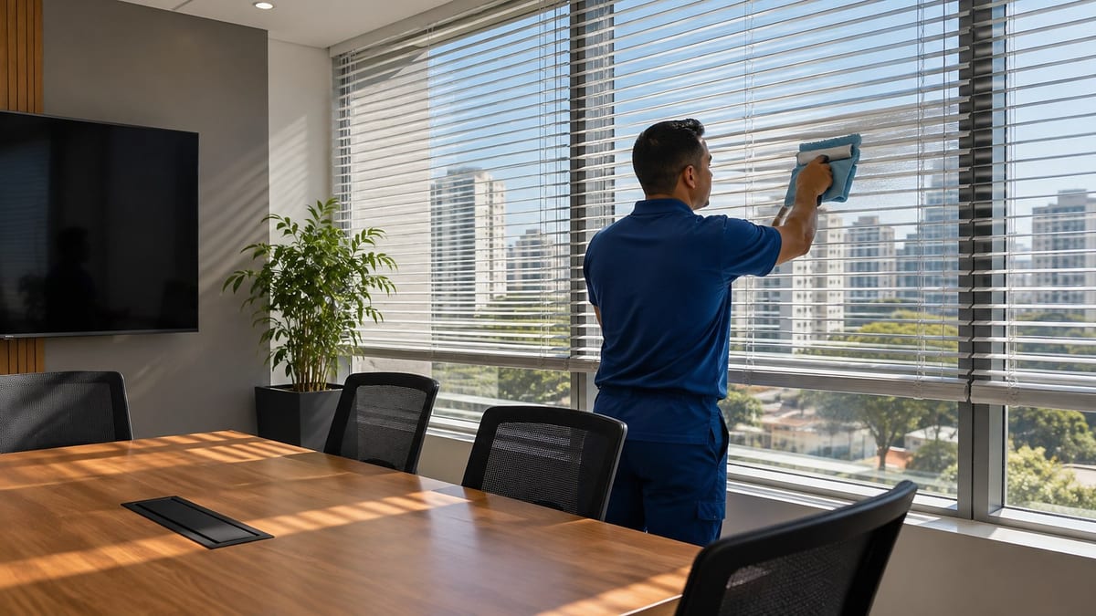 Técnico limpando persiana horizontal lâmina por lâmina em sala de reunião