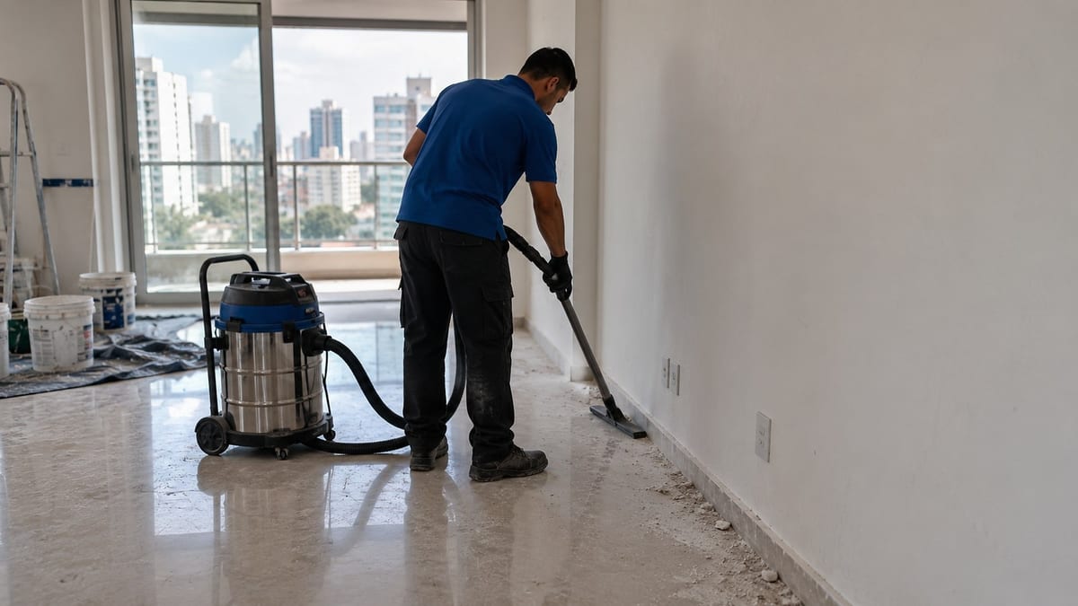Profissional da empresa parceira removendo poeira de obra do piso de um apartamento recém-construído
