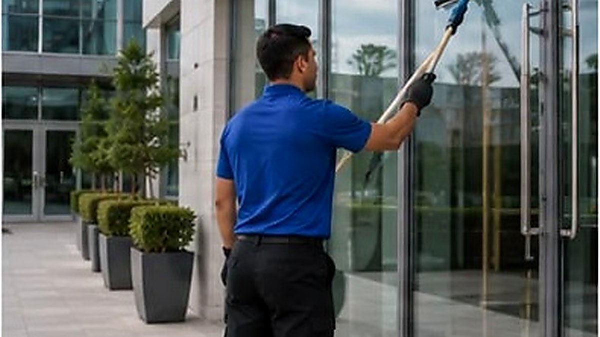 Técnico limpando vidro de fachada corporativa com rodo de cabo extensor